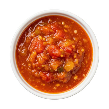 Top view of a bowl filled with chunky salsa or relish, isolated on transparent background