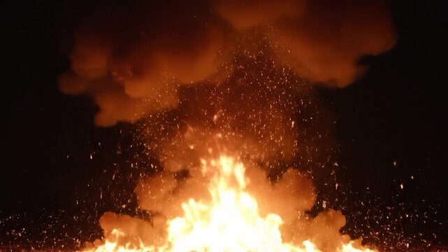 A powerful explosion erupts with bright flames and sparks against a dark night