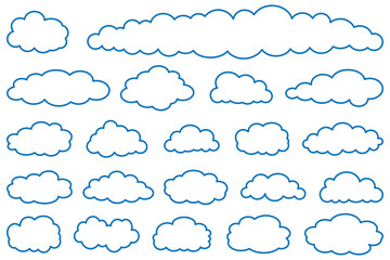 Obraz premium Cute fluffy, bubbly clouds collection. Abstract cloud illustration set. Editable stroke thin line set. Vector cloud icons.