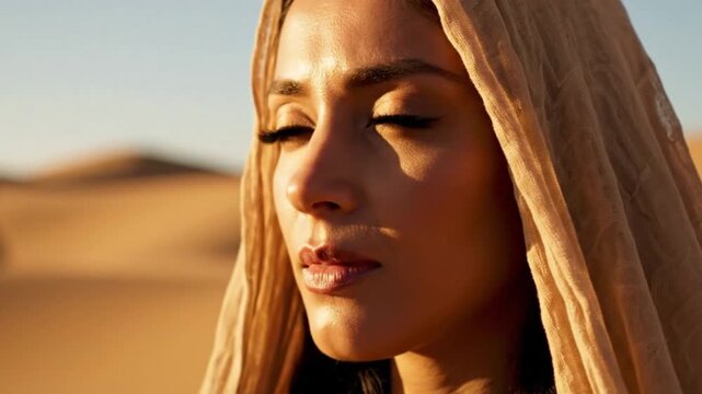 Beautiful young woman with blonde hair and closed eyes standing serene in a desert landscape with a flowing tan headscarf wrapped around her face and head gently.