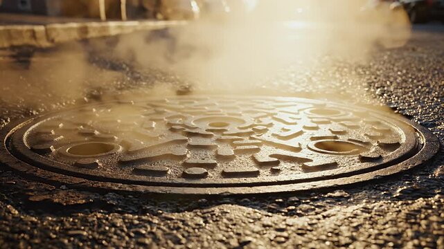 A close-up shot of a manhole cover on a city street, steam rising