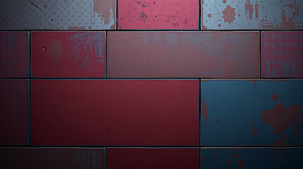 Stylized Sci-Fi Industrial Wall Texture featuring Weathered Red and Blue Tiled Panels with Grunge Details and Hand-Painted Aesthetic for Game Backgrounds