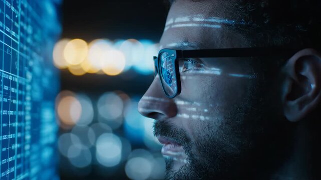 Close up profile of a man wearing glasses analyzing a blue digital data screen in a dark room with bokeh lights in the background. He appears focused on the information displayed.