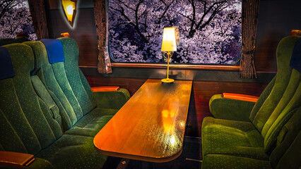 Retro Sightseeing Express Luxury Train with Sakura in Bloom in Background © Joshua Daniels