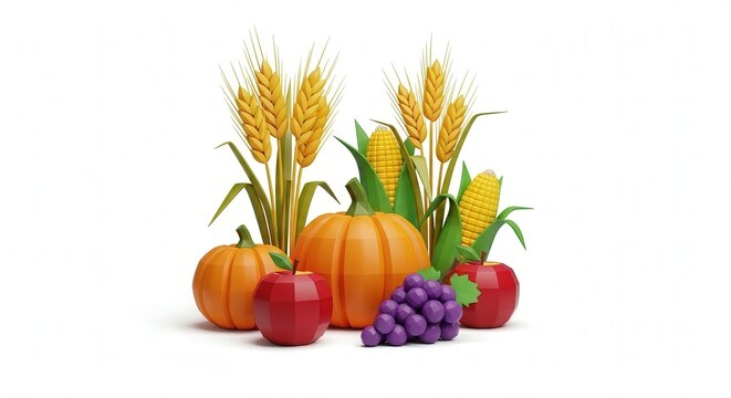 Serene Still Life with Pumpkins Grapes Grain and Apples on White Background