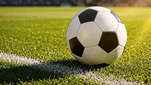 Rotating soccer ball in close up motion on green grass field with sunlight and white sideline markings