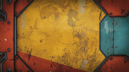 Stylized Sci-Fi Metal Wall Texture with Hand-Painted Game Art Style, Featuring Weathered Yellow and Red Panels, Scratches, Grunge Details, and Industrial Rivets for Backgrounds