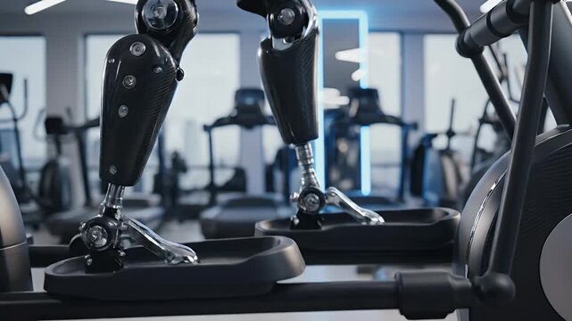 A robot's legs exercise on an elliptical machine in a gym setting. Focus on robotic form