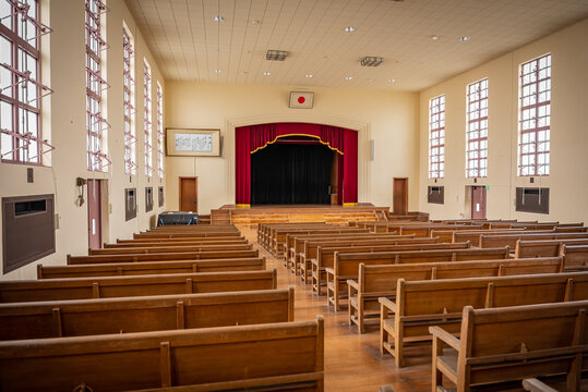 Japanese School Auditorium, Old Wooden Benches, Toyosato Elementary 