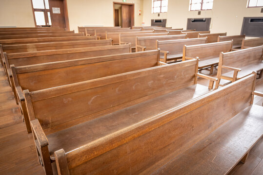 Wooden Benches in Old Fashioned School Auditorium 