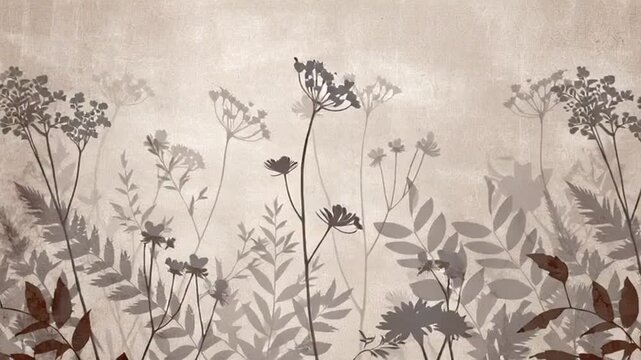 Elegant floral pattern with silhouetted flowers and leaves on textured beige background