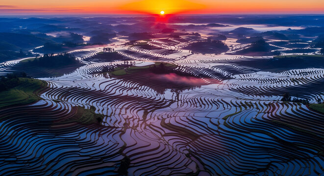 Fiery sunset glows above endless mirrored rice terraces, winding like ribbons across rolling hills in a breathtaking aerial landscape

