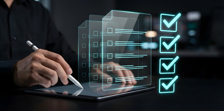 Business professional using digital checklist interface with checkmark icons, representing task completion, quality control, workflow management, and process verification