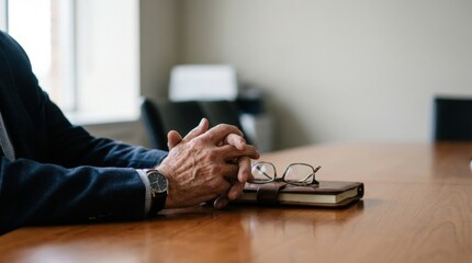 intelligence leader meeting emotional business concept. Elderly person with folded hands sitting at a wooden table with glasses and a book.