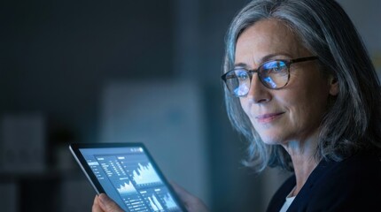 intelligence leader meeting emotional business concept. Woman analyzing financial data on tablet in a dimly lit room.