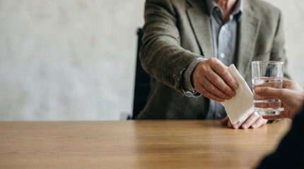 intelligence leader meeting emotional business concept. Hand giving money to another person holding a glass of water over a table