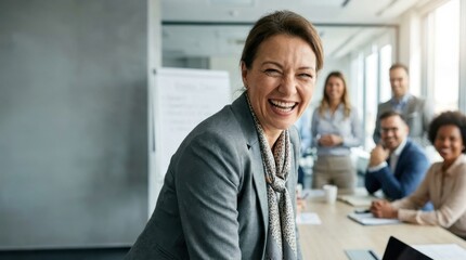 intelligence leader meeting emotional business concept. Confident businesswoman smiling in a bright office with colleagues behind her.