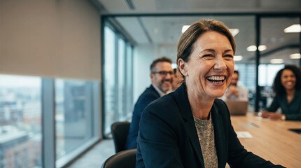 intelligence leader meeting emotional business concept. Smiling businesswoman in a meeting with colleagues in a modern office.