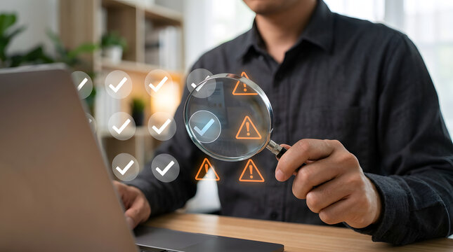 Email security software detecting phishing or scam emails with warning alerts, as a businessperson touches the email icon to delete malicious messages and protect sensitive data.