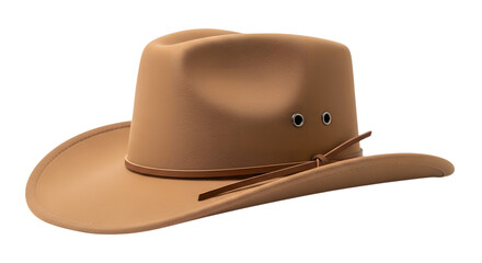 A brown leather cowboy hat, western style headwear, with a strap, isolated on a transparent background, 3d render