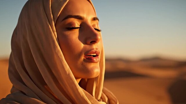 Serene young woman wearing hijab with eyes closed, basking in desert sunset, embodying peace and tranquility of the vast, warm surroundings with her gentle expression.