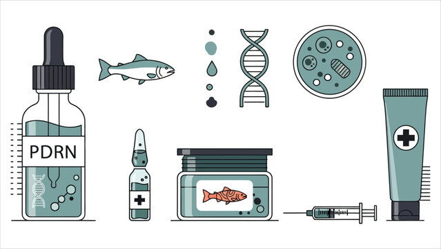 Anti-Aging Skincare Vector Illustration &ndash; Korean Beauty Facial Treatment with Salmon PDRN, Serum, Cream, Ampoule, Microneedles, and Syringe.