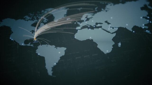 Global business network map with glowing data connections, worldwide connectivity, logistics routes, secure communication, cloud infrastructure, big data technology - Miami, USA