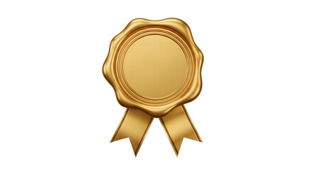 Shiny metallic gold wax seal with ribbon isolated on transparent background beautiful empty golden approval stamp