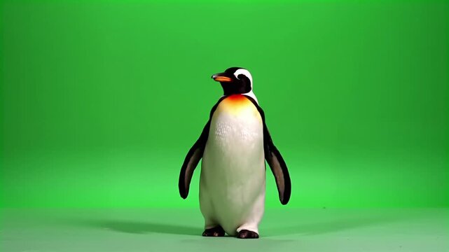 Penguin standing centered on a vibrant green screen background