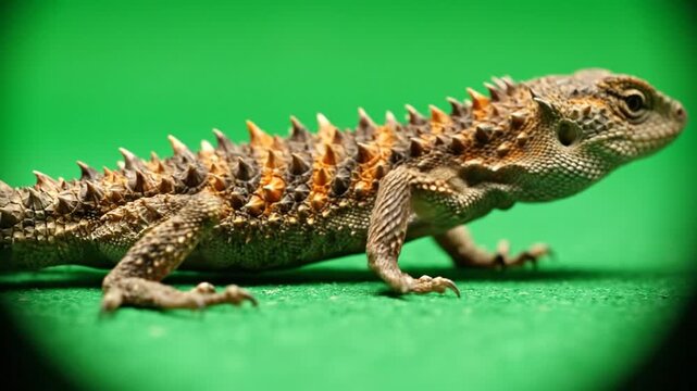 A close-up side profile of a spiky, brown and orange girdled lizard on a vibrant green background.