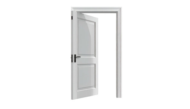A white, slightly ajar interior door against a stark black background