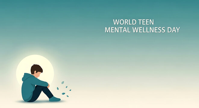 World Teen Mental Wellness Day Illustration: Sad Teenager Sitting Alone, Downcast, Falling Leaves, Soft Light