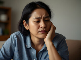 Fototapeta premium Tired Mom at Home. Real Emotion, Motherhood and Daily Life Concept