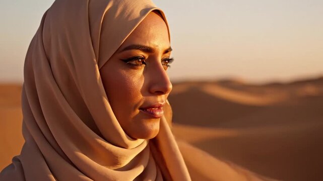 Serene young muslim woman wearing hijab standing in the desert landscape at sunset with sand dunes and clear blue sky