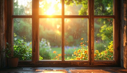 Fototapeta premium Golden Sunlight Streams Through a Rustic Wooden Window into a Cozy Room, Revealing a Vibrant Green Garden Outside