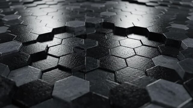 Abstract hexagonal pattern surface with metallic texture and dark lighting