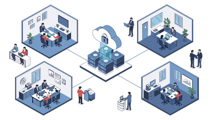 Obraz premium Isometric illustration shows various office departments connected to a secure central cloud server for data storage and network collaboration.