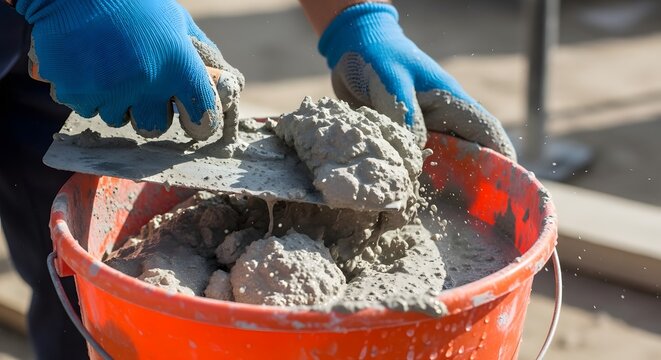 Hands wearing blue construction gloves scoop wet concrete mix with a trowel from an orange bucket.