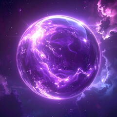 A glowing purple sphere floats in a starry purple and pink cosmic background