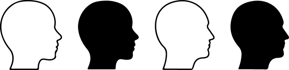 Human head silhouette in outline and solid style, woman and man heads side view, user avatar symbols, profile person sign,