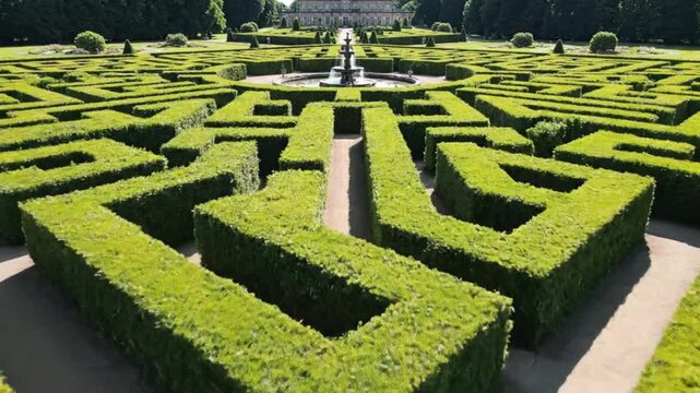 Beautifully manicured hedge maze garden with fountain and lush green hedges creating a serene and intricate landscape design perfect for relaxation.