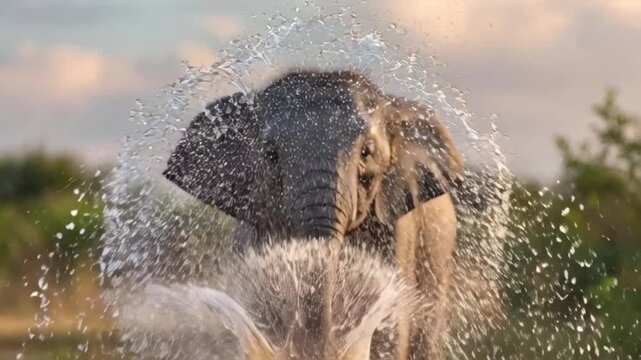 Playful elephant enjoying a refreshing splash on a sunny day