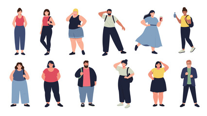 Diverse set of people of different body types, ages, and backgrounds standing in casual fashion outfits on a white background.