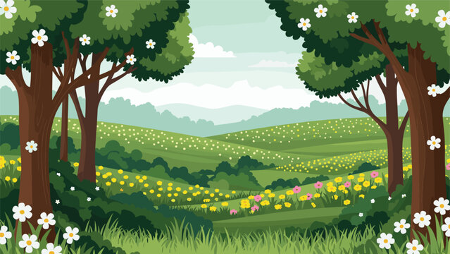 Picturesque summer meadow filled with yellow wildflowers is framed by lush green trees under a soft cloudy sky in a charming rural landscape.