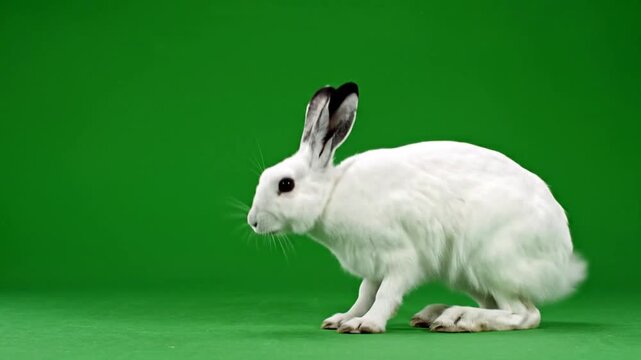 A white rabbit with black-tipped ears on a vibrant green background, captured in a studio setting.
