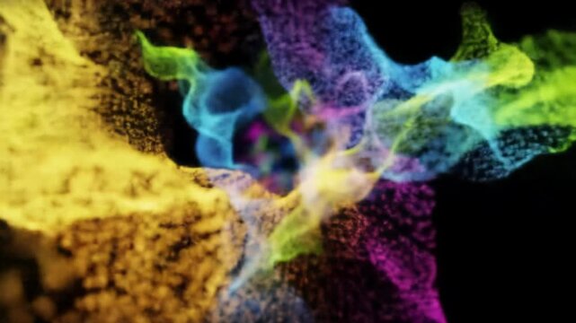 A wide video captures brilliant, self-luminous particles in vivid neon hues of electric blue, fuchsia, lime green, and orange cascading in an infinite velvet black void with bokeh. Futuristic