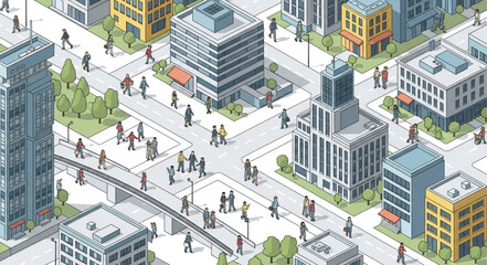 Isometric Cityscape with Busy Streets and Pedestrians Walking.