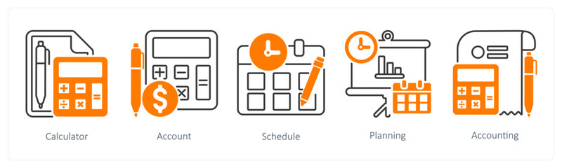 A set of 5 mix icons as calculator, account, schedule
