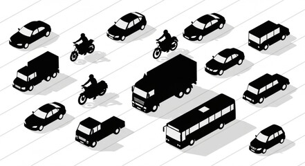 Collection of isometric vehicle silhouettes on white background. © Jaganchan