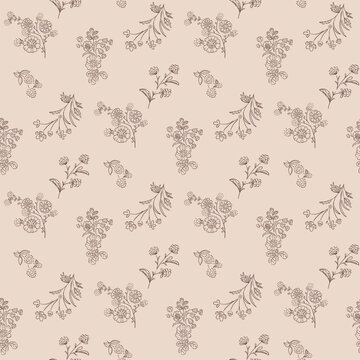 Seamless floral pattern, ditsy flower pattern, fabric print in vintage style on beige background, timeless floral, small ditsy flower. Design for home textile, wallpaper pattern, fabric, fashion